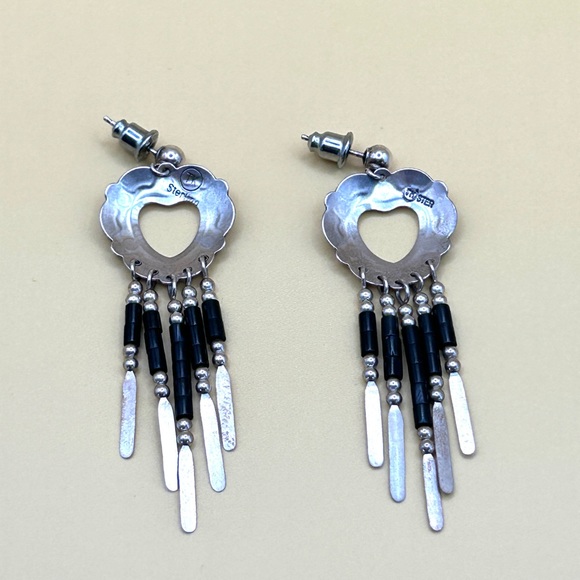 Vintage Native American Sterling Silver Heart Dangle Earrings 2" TK Emerson - Picture 6 of 9